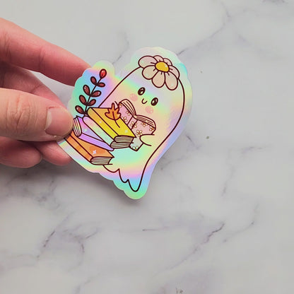 Cute Ghost Reading Holographic Sticker, Booklover Sticker, eReader Sticker