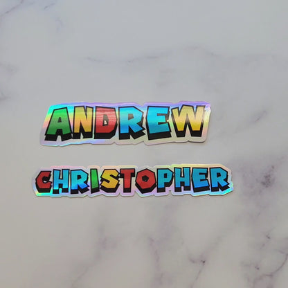 Custom Holographic Game Font Name Sticker, Colorful Block Letters