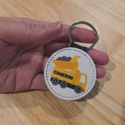 Personalized Dump Truck Keychain – Custom Name Kids Tag, Construction Gift