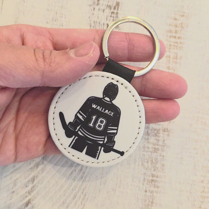 Personalized Guy Hockey Player Keychain Bag Tag – Custom Name & Number