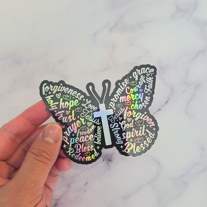 Holographic Butterfly Christian Sticker: Inspirational Affirmations