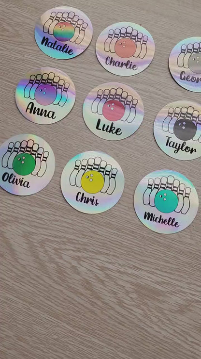 Personalized Bowling Name Sticker – Custom Bowler Gift, Bowling Ball & Pins Holographic Decal