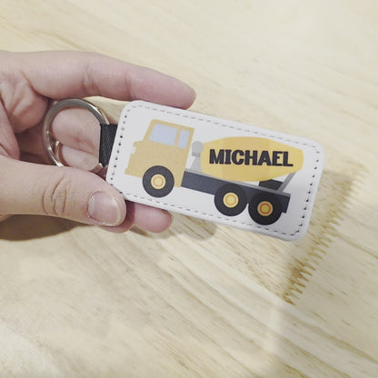 Personalized Cement Mixer Truck Keychain: PU Leather Construction Key Ring