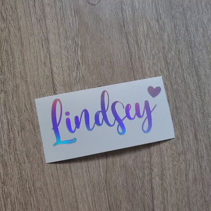 Holographic Name Decal with Heart: Custom Vinyl Decal