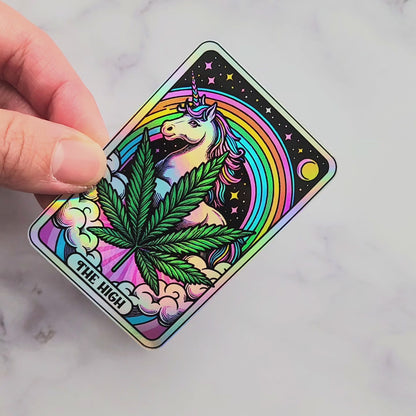 The High Holographic Tarot Sticker – Weed Leaf Unicorn Sticker