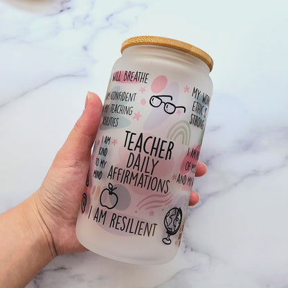 Teacher Affirmation Frosted Glass Can: Teacher Appreciation Gift