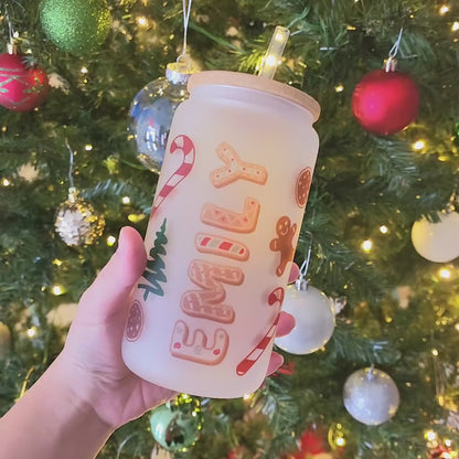 Custom Name Gingerbread Man Christmas Holiday 16 Oz Frosted Glass Can