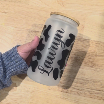 Custom Name Cow Print Glass Can