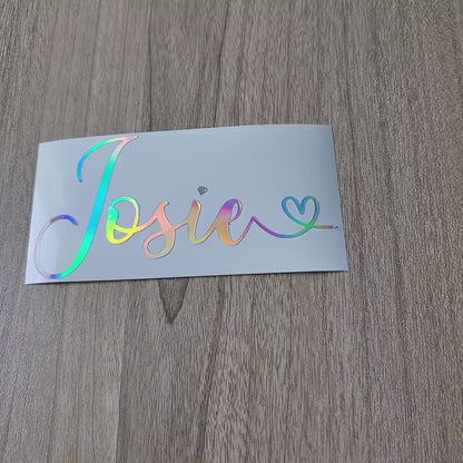 Customized Holographic Heart Name Decal – Script Vinyl Sticker for Laptop, Bottle, Car