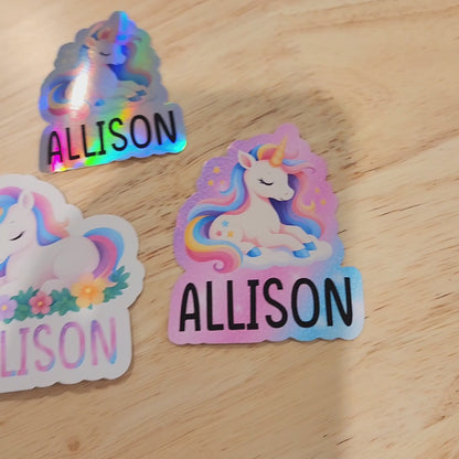 Holographic Unicorn Name Sticker: Personalized Kids Decal