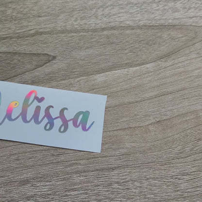 Personalized Holographic Name Decal with Heart – Custom Vinyl Name Sticker