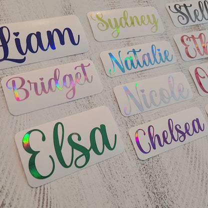 Custom Name Decal in Solid or Holographic Multi Color, Cursive Font