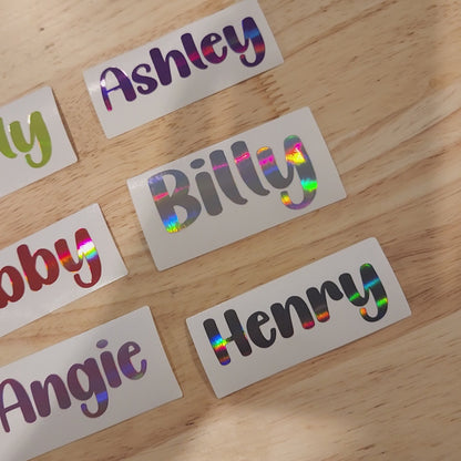 Personalized Vinyl Name Decal in Solid or Holographic Multi Color – Custom Text Sticker for Bottles, Laptops, Notebooks & More