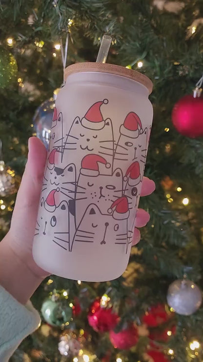 Christmas Cats 16 oz Frosted Glass Can