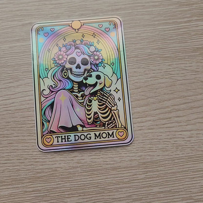 The Dog Mom Holographic Tarot Sticker – Skeleton & Puppy Rainbow Gothic Sticker