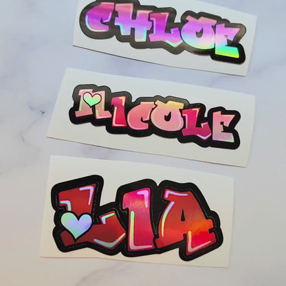 Custom Holographic Graffiti Name Sticker: Pink Heart Font