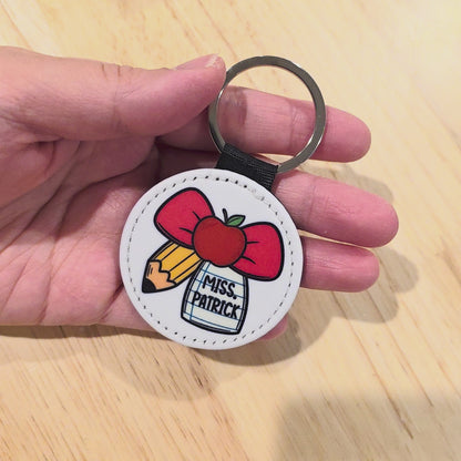 Personalized Teacher Keychain – Ribbon Pencil & Apple Design