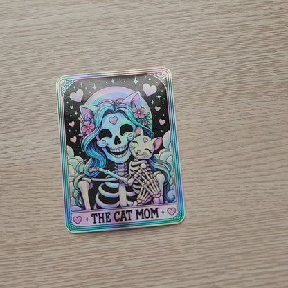 Cat Mom Tarot Card Holographic Sticker: Skeleton Cat Lovers