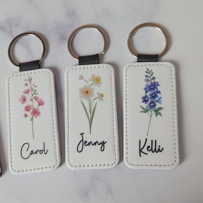 Personalized Birth Flower Keychain – Custom Name Key Chain with Watercolor Floral Design