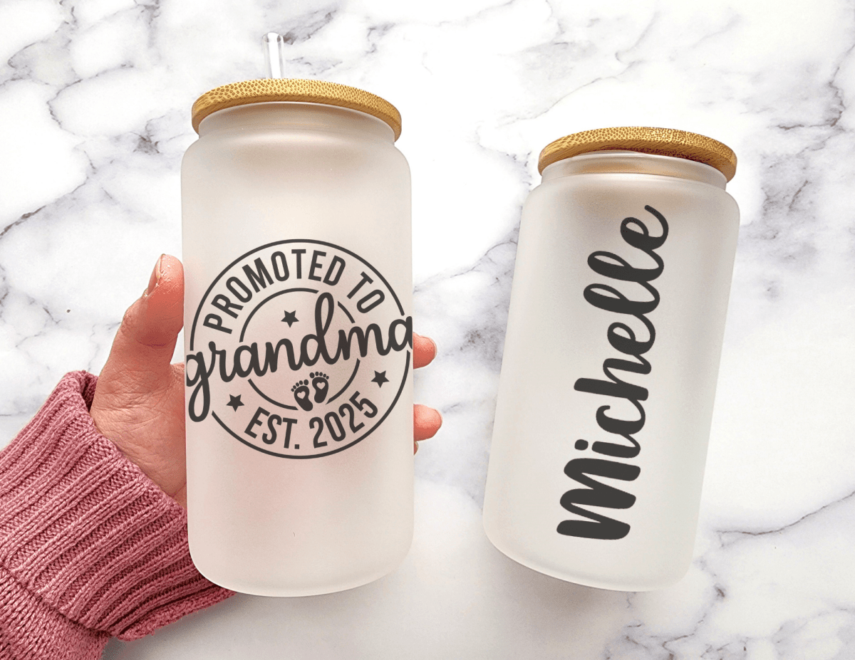 Promoted to Grandma – Personalized 16oz Frosted Glass Cup with Name - KWL Creations
