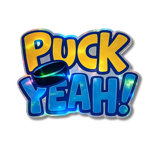 Funny Puck Yeah hockey sticker with holographic finish. Perfect for water bottles, laptops, and hockey gear. Great gift for hockey fans.