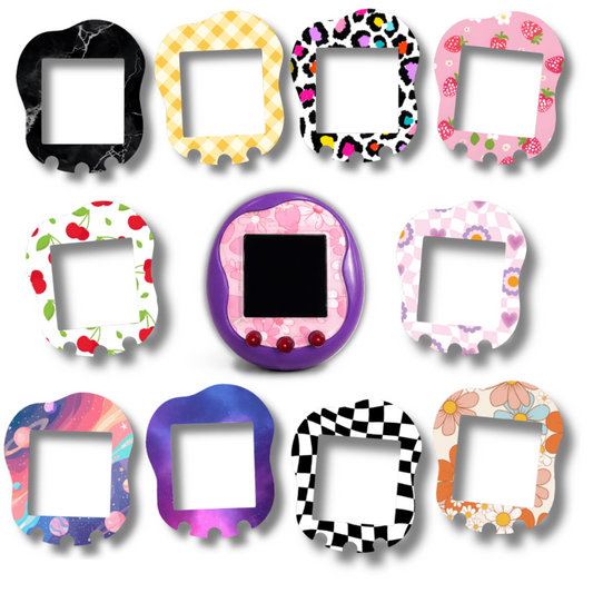 Cute Tamagotchi Uni faceplates with strawberry, cherry, galaxy, checkerboard, and floral designs custom accessories for Tamagotchi Uni