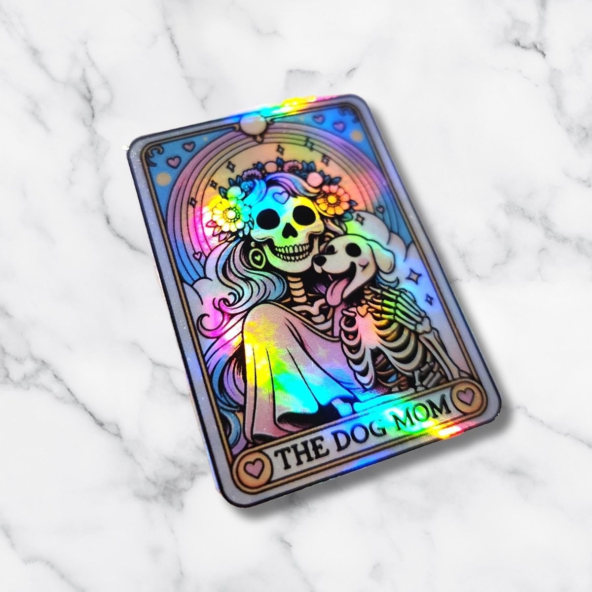 The Dog Mom Holographic Tarot Sticker – Skeleton & Puppy Rainbow Gothic Sticker - KWL Creations