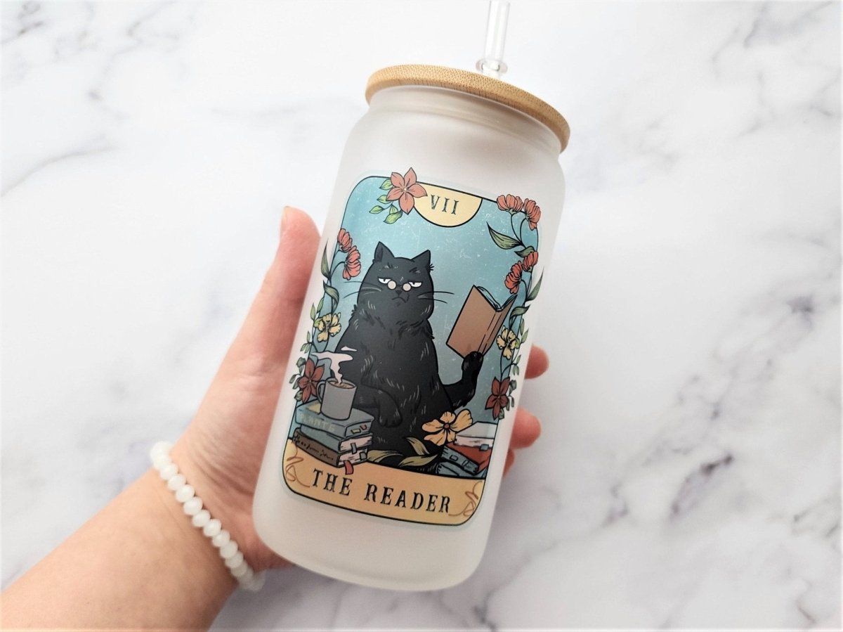 The Reader Cat Personalized Frosted Glass Cup - KWL Creations