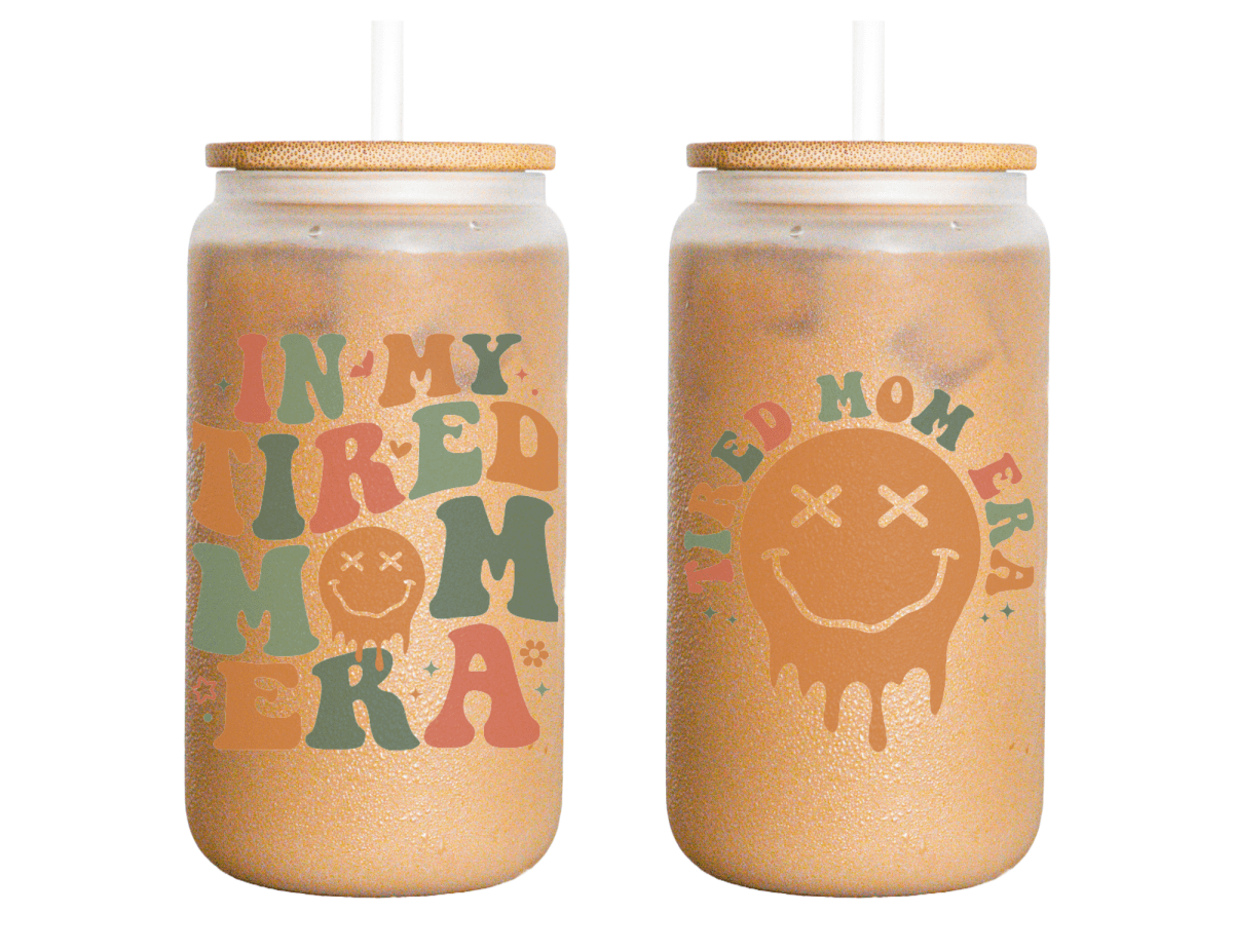 Tired Mom Era Frosted Glass Can: Retro Iced Coffee Cup - KWL Creations