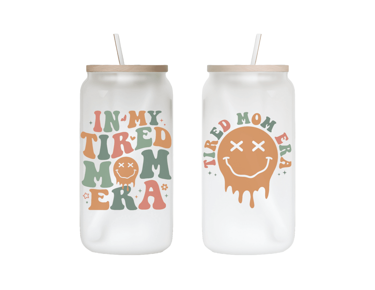 Tired Mom Era Frosted Glass Can: Retro Iced Coffee Cup - KWL Creations