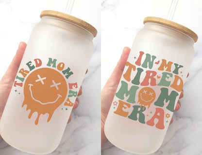 Tired Mom Era Frosted Glass Can: Retro Iced Coffee Cup - KWL Creations